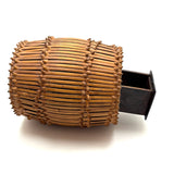 Early 20th C. Basketry Covered Carved Barrel with Interior Drawer and Relief Carved Flowers