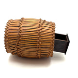 Early 20th C. Basketry Covered Carved Barrel with Interior Drawer and Relief Carved Flowers