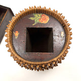 Early 20th C. Basketry Covered Carved Barrel with Interior Drawer and Relief Carved Flowers