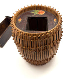 Early 20th C. Basketry Covered Carved Barrel with Interior Drawer and Relief Carved Flowers