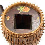 Early 20th C. Basketry Covered Carved Barrel with Interior Drawer and Relief Carved Flowers