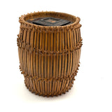 Early 20th C. Basketry Covered Carved Barrel with Interior Drawer and Relief Carved Flowers