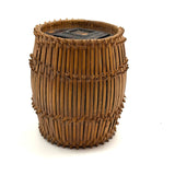 Early 20th C. Basketry Covered Carved Barrel with Interior Drawer and Relief Carved Flowers