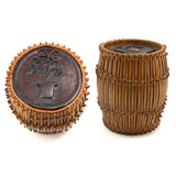 Early 20th C. Basketry Covered Carved Barrel with Interior Drawer and Relief Carved Flowers