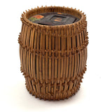Early 20th C. Basketry Covered Carved Barrel with Interior Drawer and Relief Carved Flowers