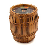 Early 20th C. Basketry Covered Carved Barrel with Interior Drawer and Relief Carved Flowers