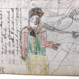 Colorful Boy and Warriors, c. 1920s-30s Naive Graphite and Crayon Drawing on 19th c. Ledger Paper