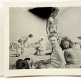 Beach Scene with Heads Turned and Black Cloud Following Handsome Life Guard, c. 1950s Snapshot