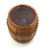 Early 20th C. Basketry Covered Carved Barrel with Interior Drawer and Relief Carved Flowers