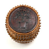 Early 20th C. Basketry Covered Carved Barrel with Interior Drawer and Relief Carved Flowers