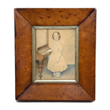 Finely Dressed Young Woman at Piano, c. 1840s Folk Art Portrait in Original Burl Maple Frame