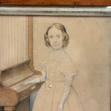 Finely Dressed Young Woman at Piano, c. 1840s Folk Art Portrait in Original Burl Maple Frame