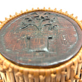 Early 20th C. Basketry Covered Carved Barrel with Interior Drawer and Relief Carved Flowers