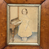 Finely Dressed Young Woman at Piano, c. 1840s Folk Art Portrait in Original Burl Maple Frame