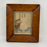 Finely Dressed Young Woman at Piano, c. 1840s Folk Art Portrait in Original Burl Maple Frame