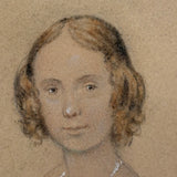 Finely Dressed Young Woman at Piano, c. 1840s Folk Art Portrait in Original Burl Maple Frame