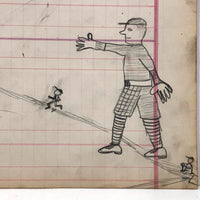 Baseball! C. 1920-30s Naive Graphite Drawing on 19th C. Ledger Paper