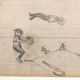 Baseball! C. 1920-30s Naive Graphite Drawing on 19th C. Ledger Paper