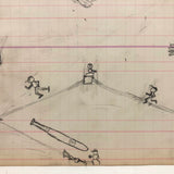 Baseball! C. 1920-30s Naive Graphite Drawing on 19th C. Ledger Paper