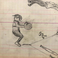 Baseball! C. 1920-30s Naive Graphite Drawing on 19th C. Ledger Paper