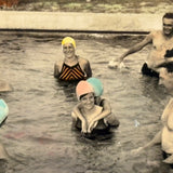 Gathering at the Pool, Very Wonderful Hand-colored Snapshot with Bubble Gum Colored Swim Caps