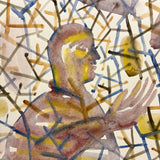 Figure with Raised Hand Amid Abstract Field, Wonderful Large Signed Watercolor