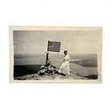 Woman in White with Folk Art American Flag and Water View, Curious Old Snapshot Photo