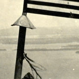 Woman in White with Folk Art American Flag and Water View, Curious Old Snapshot Photo