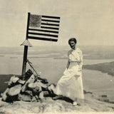 Woman in White with Folk Art American Flag and Water View, Curious Old Snapshot Photo