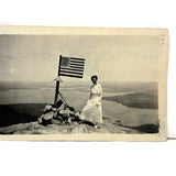 Woman in White with Folk Art American Flag and Water View, Curious Old Snapshot Photo