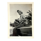 Young Man in Bucket Hat with Palm Trees and Folding Camera, c. 1940s-50s Snapshot