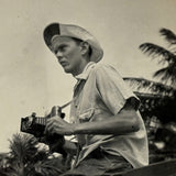 Young Man in Bucket Hat with Palm Trees and Folding Camera, c. 1940s-50s Snapshot