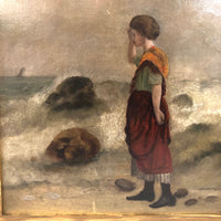Woman at the Sea, Victorian Oil Painting in Gold Frame