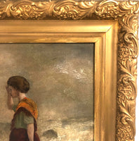 Woman at the Sea, Victorian Oil Painting in Gold Frame