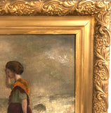 Woman at the Sea, Victorian Oil Painting in Gold Frame