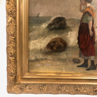 Woman at the Sea, Victorian Oil Painting in Gold Frame