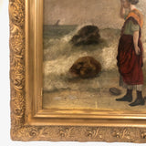 Woman at the Sea, Victorian Oil Painting in Gold Frame