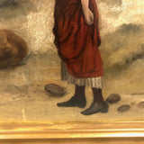 Woman at the Sea, Victorian Oil Painting in Gold Frame