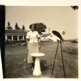Woman with Stork and Bird Bath at Gulf Gas Station, Curious Little Trick Snapshot, c. 1940s