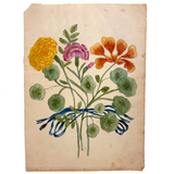 Three Flowers, Blue Ribbons, Many Nasturtium Leaves, Lovely 19th Century Folk Art Watercolor