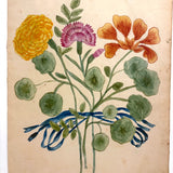 Three Flowers, Blue Ribbons, Many Nasturtium Leaves, Lovely 19th Century Folk Art Watercolor