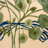 Three Flowers, Blue Ribbons, Many Nasturtium Leaves, Lovely 19th Century Folk Art Watercolor