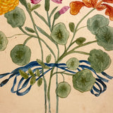 Three Flowers, Blue Ribbons, Many Nasturtium Leaves, Lovely 19th Century Folk Art Watercolor