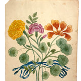Three Flowers, Blue Ribbons, Many Nasturtium Leaves, Lovely 19th Century Folk Art Watercolor