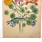 Three Flowers, Blue Ribbons, Many Nasturtium Leaves, Lovely 19th Century Folk Art Watercolor