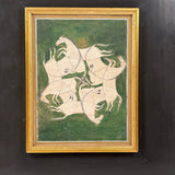 Interlaced Horses, Stunning Antique Gouache Indo-Persian Miniature Painting on Card, Framed as Found