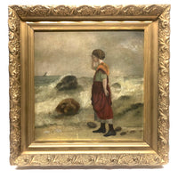 Woman at the Sea, Victorian Oil Painting in Gold Frame