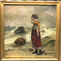 Woman at the Sea, Victorian Oil Painting in Gold Frame