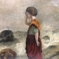 Woman at the Sea, Victorian Oil Painting in Gold Frame
