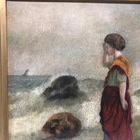 Woman at the Sea, Victorian Oil Painting in Gold Frame